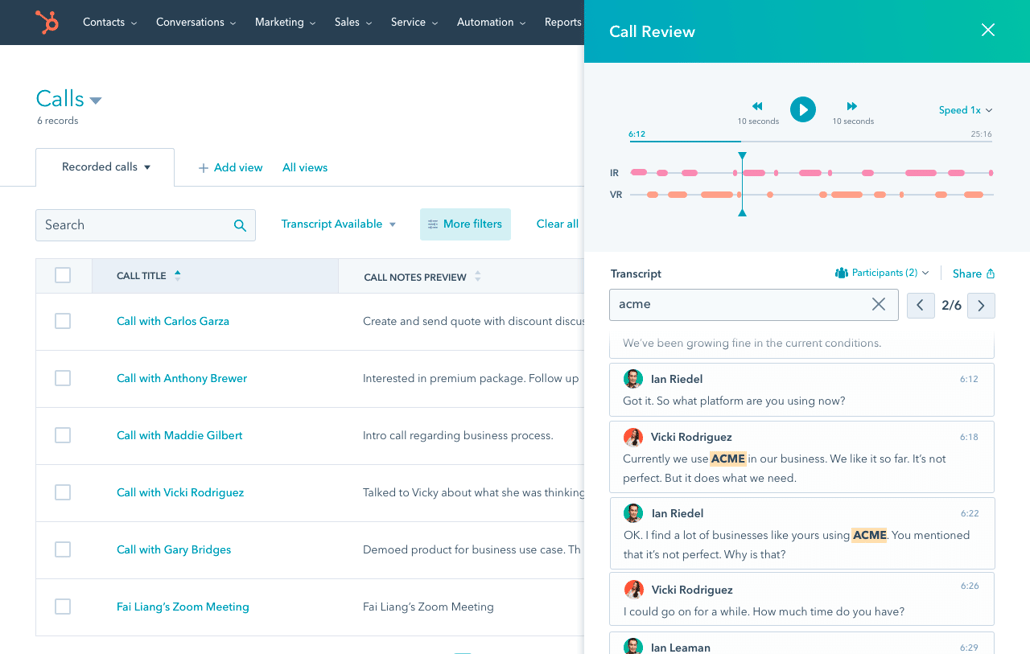 HubSpot Sales software showing call review feature